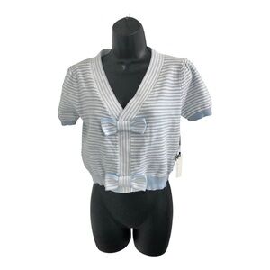 White blue striped bow front pleated puff shoulder short sleeve‎ v-neck sweater